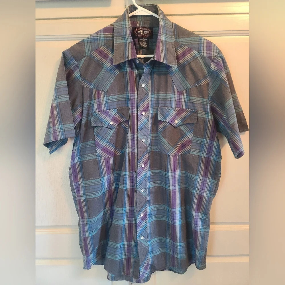 Williams Bay Blue Purple Gray Plaid Western Short Sleeve Pearl Snap Shirt